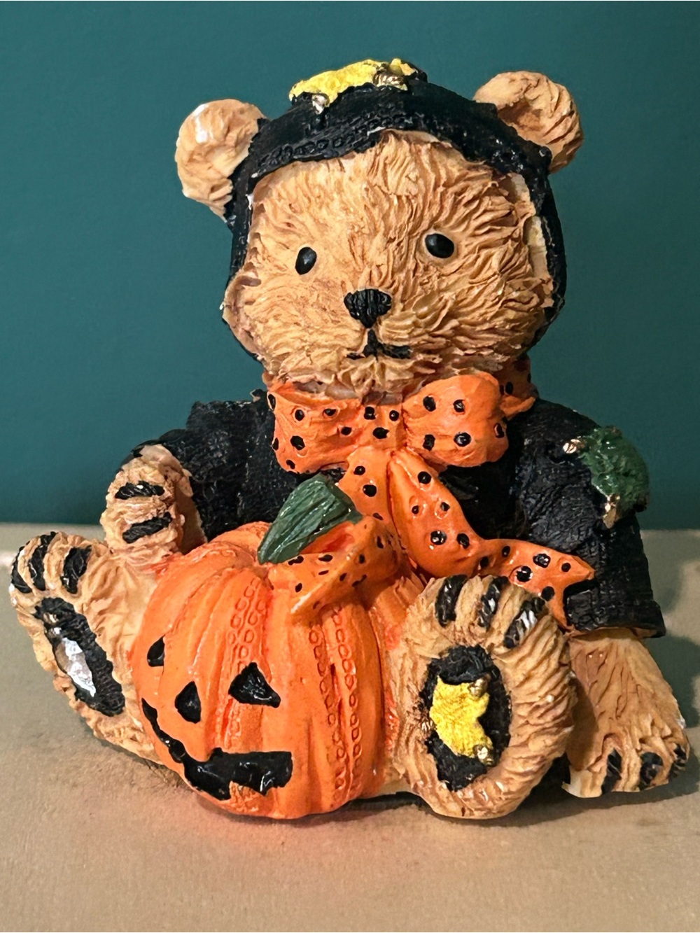 Halloween Teddy Bear Figurine with Pumpkin - Orange & Black